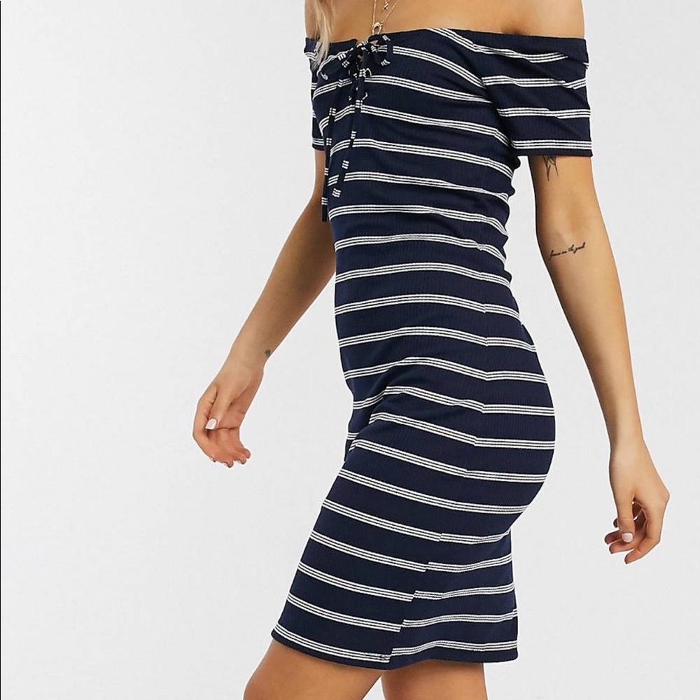 Brave Soul tie front striped jersey dress in navy